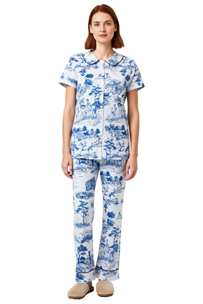 PayBuy Set de pijamale cu mâneci scurte guler tip Peter Pan cu model peisaj pentru femei Funcțional Durabil Calitate Elegant