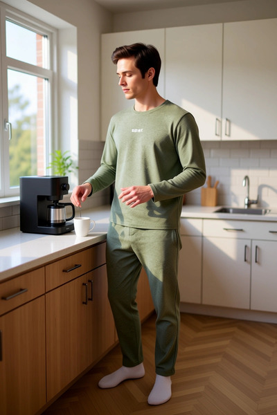 PayBuy Men's Anthracite Crew Neck Printed Long Sleeve Pajama Set Functional Durable Modern