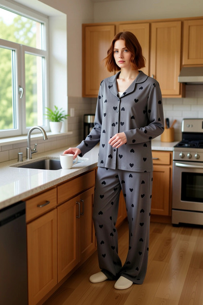 PayBuy Women's Heart Patterned Shirt Collar Pajama Set Functional Durable Quality Comfortable Casual