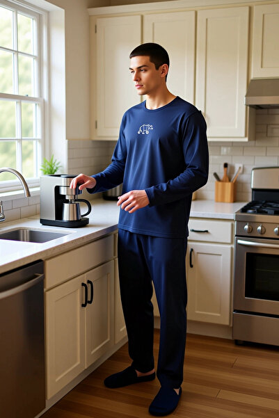 PayBuy Men's Embroidered Crew Neck Long Sleeve Pajama Set Functional Durable Quality Modern