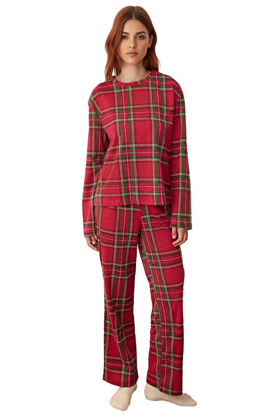 PayBuy Women's Plaid Patterned Crew Neck Pajama Set Functional Durable Quality Comfortable Stylish