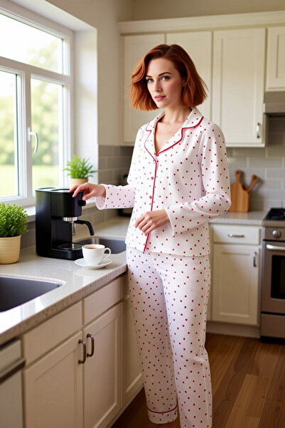 PayBuy Women's Heart Patterned Muslin Pajama Set Shirt Collar Long Sleeve Functional Durable Comfortable