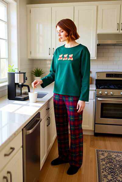 PayBuy Women's Bear Patterned Crew Neck Plaid Pajama Set Functional Durable Quality Comfortable