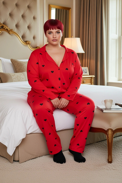 PayBuy Women's Red Heart Patterned Shirt Collar Pajama Set Functional Durable Quality Modern