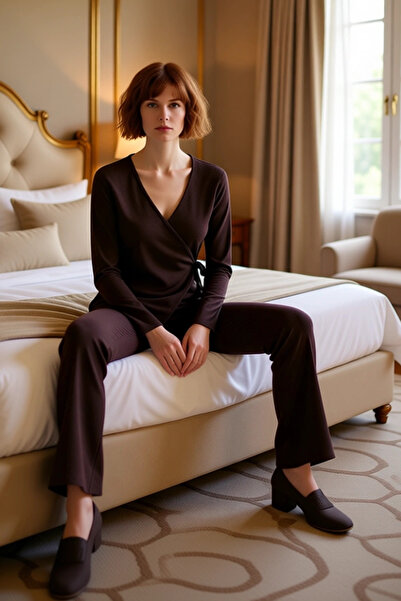 PayBuy Γυναικείο Σετ Πιτζάμες Πλεκτό Ανθρακί διπλό πέτο με Λεπτομέρεια με κορδόνια στο λαιμό Λειτουργικό Ανθεκτικό Άνετο