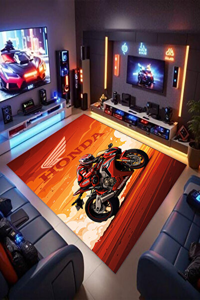 Reyhani Honda Desenli Kaymaz Taban Makinede Yıkanabilir Gamıng Salon Halısı Y...