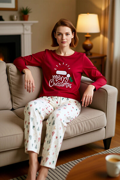 PayBuy Set de pijamale din bumbac cu tematică de Anul Nou roșu pentru femei, ...