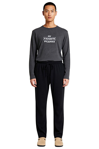 PayBuy Men's Anthracite Crew Neck Slogan Printed Pajama Set Functional Durable Quality Stylish