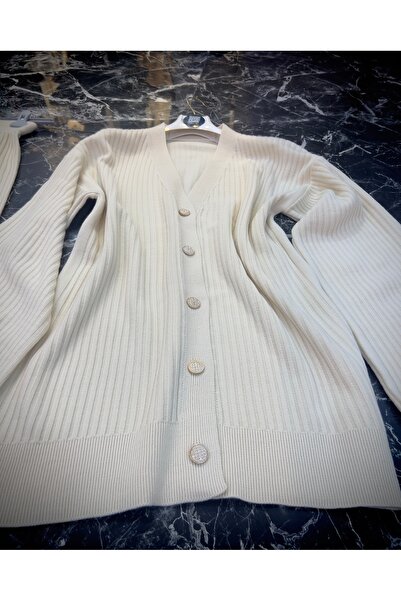 MY QILAM Women's Hijab Bottom Top Set Premium Corded Fabric Cardigan Pants Knitwear Set Ecru