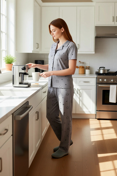 PayBuy Women's Melange Star Patterned Shirt Collar Pajama Set Functional Durable Quality Comfortable