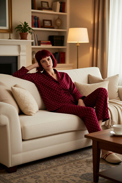 PayBuy Дамски комплект пижама с V-образно деколте, дълъг ръкав и сърцевиден м...