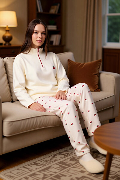 PayBuy Kadın Kiraz Desenli Waffle Fermuarlı Pijama Takımı Fonksiyonel Dayanık...