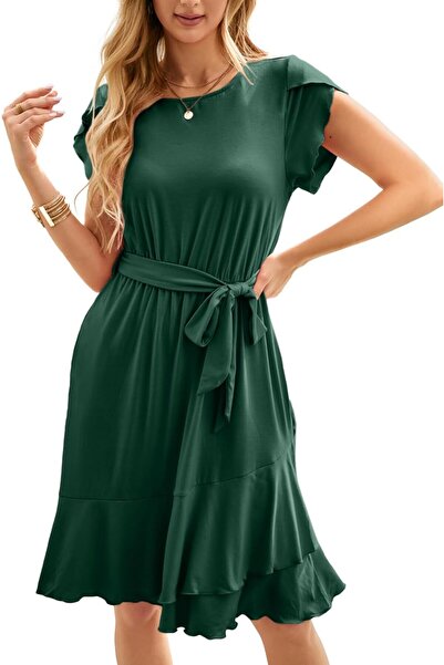 IFfree IFFEI Women Summer Boho Midi Dress Floral A-Line Ruffle Hem with Belt L