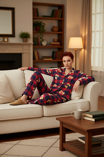 PayBuy Set de pijamale în carouri cu model de ursuleț pentru femei, cu guler ...