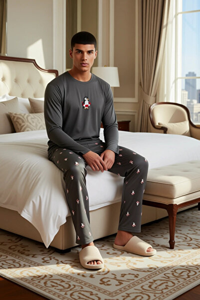 PayBuy Men's Penguin Embroidered Crew Neck Long Sleeve Pajama Set Functional Durable Aesthetic