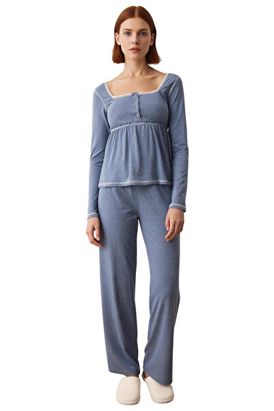 PayBuy Women's Melange Square Neck Lace Detailed Pajama Set Functional Durable Quality Aesthetic