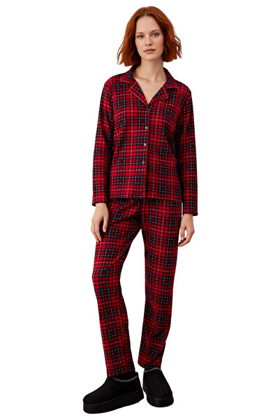 PayBuy Women's Red Plaid Shirt Collar Pajama Set Soft Textured Functional Durable Aesthetic