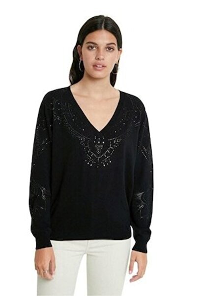 Desigual Pulover cu decolteu in V si aplicatii cu strasuri Gante, Negru, XS