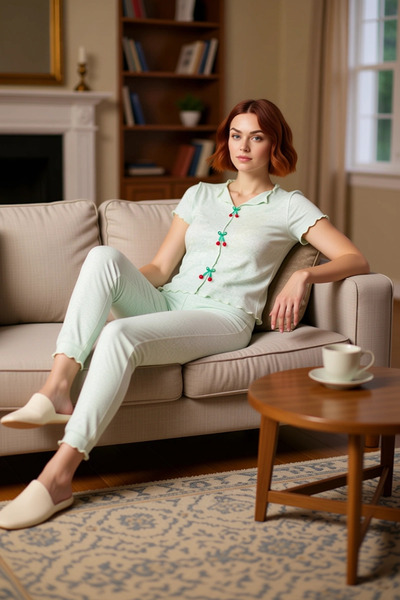 PayBuy Дамски пижамен комплект с V-образно деколте, детайли от череши и ребри...