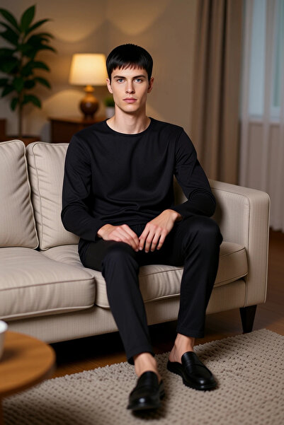 PayBuy Men's Waffle Textured Pajama Set Crew Neck Long Sleeve Regular Fit Functional Aesthetic