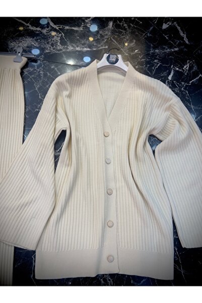 MY QILAM Women's Hijab Bottom Top Set Premium Corded Fabric Cardigan Pants Knitwear Set Ecru