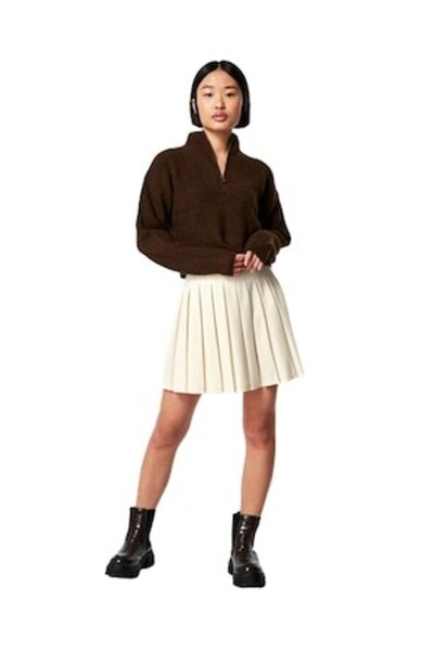 Jennyfer Short knitted sweater with high collar and zipper, Brown, M