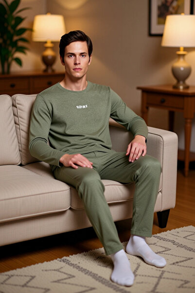 PayBuy Men's Anthracite Crew Neck Printed Long Sleeve Pajama Set Functional Durable Modern