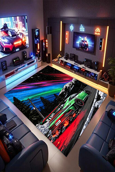 Reyhani Porsche 911 Desenli Kaymaz Taban Makinede Yıkanabilir Gamıng Salon Ha...