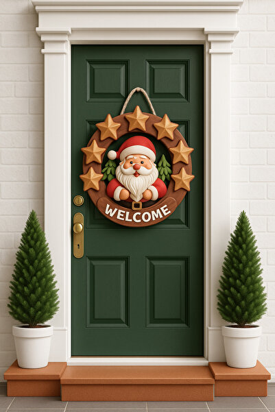 OKAVANGO 23-23 cm Yılbaşı Kapı Yılbaşı Dekarasyon Ahşap Yılbaşı Temalı Kapı Süsü