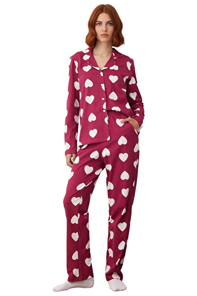 PayBuy Women's Heart Patterned Plum Shirt and Pants Pajama Set Functional Durable Quality Stylish