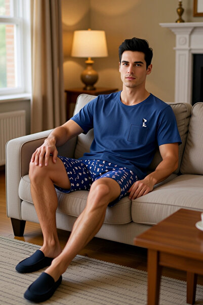 PayBuy Ανδρικό σετ πιτζάμες με κοντό μανίκι με σχέδιο Indigo Dog με λαιμόκοψη, λειτουργικό, ανθεκτικό και κομψό