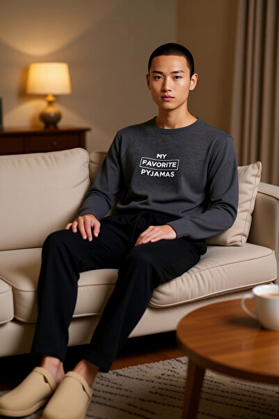 PayBuy Men's Anthracite Crew Neck Slogan Printed Pajama Set Functional Durable Quality Stylish