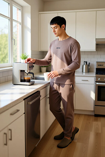 PayBuy Men's Anthracite Crew Neck Printed Long Sleeve Pajama Set Functional Durable Modern