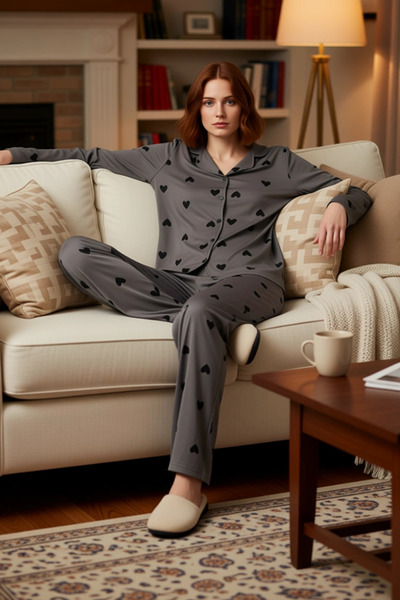 PayBuy Women's Heart Patterned Shirt Collar Pajama Set Functional Durable Quality Comfortable Casual