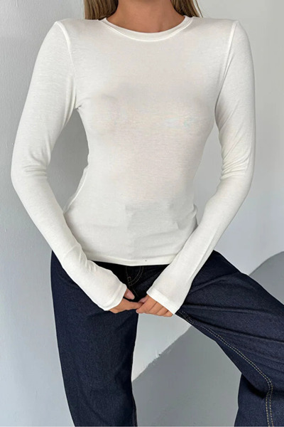 jeneric White Crew Neck Finger Detail Buzzy Fabric Slim Fit Body-Blouse