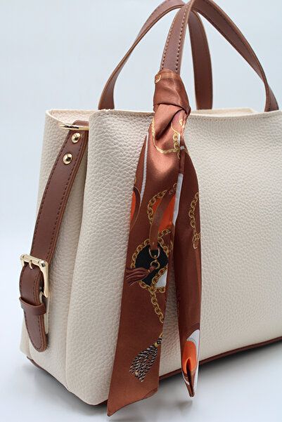 LASSO -Women's Creamtan Large Size Double Handle Scarf Detailed Hand, Arm and Shoulder Bag