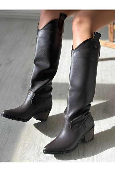 SHOEBOURNE Kahverengi Deri Western Tarzı Dizaltı Uzun Kadın Çizme