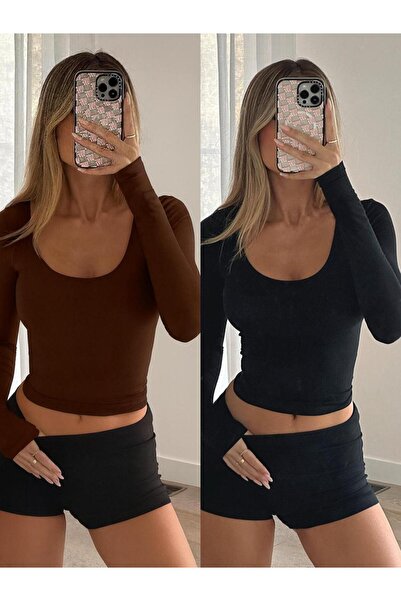 ÖZ PAMUK Square Neck 2-Pack Basic Plain Fabric Long Sleeve Lycra Blouse