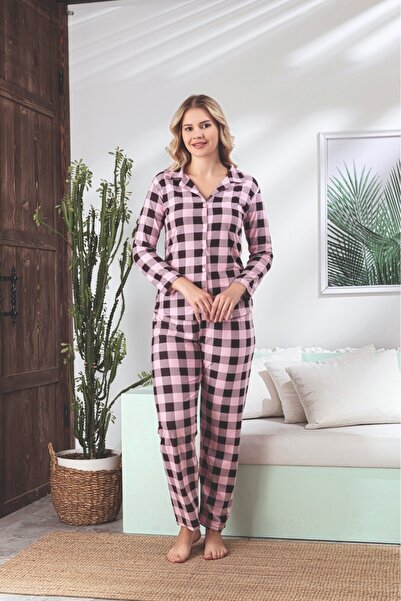 TOSKI Γυναικεία Πιτζάμα με Κουμπιά και Παντελόνι με Καρό, Ροζ