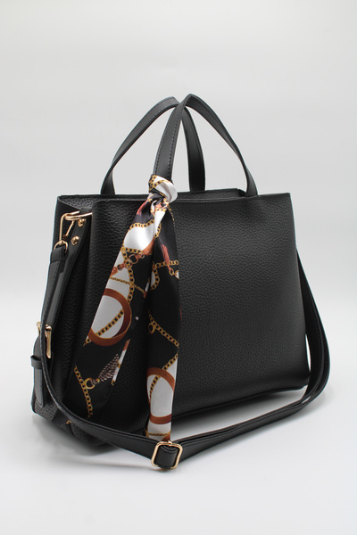 LASSO -Kadın Siyah Büyük Boy Çift Saplı Fular Detaylı El, Kol ve Omuz Çantası