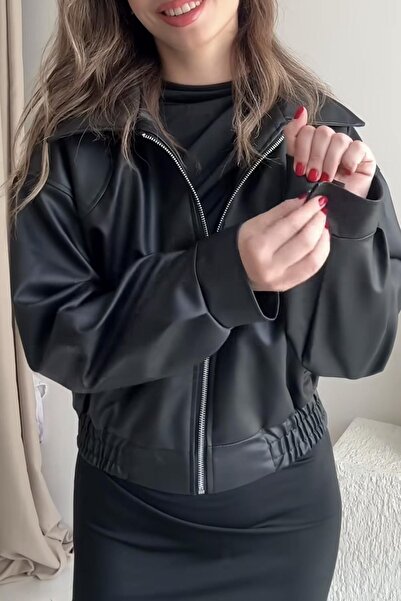 BELİZMOD Lisbon Women's Bomber Leather Jacket with Elastic Waist