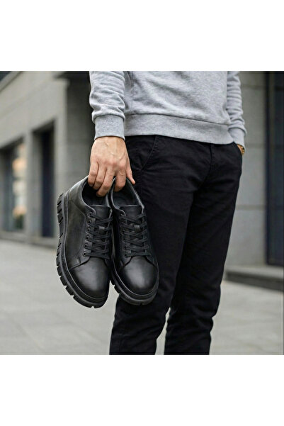 Bonjey Black Stitched Sole 100% Genuine Leather Waterproof Guaranteed Thick Soled Men's Sneaker Shoes