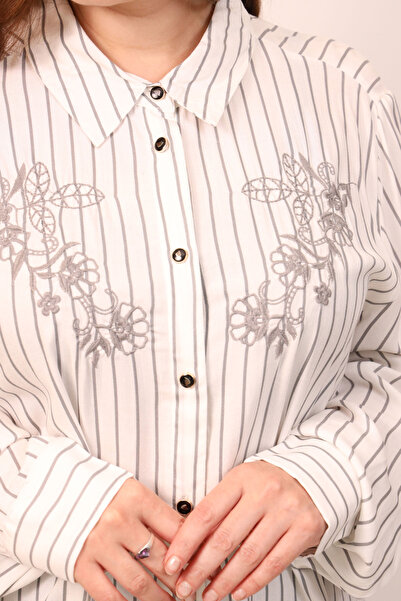 LINELLE Ladies Co-Ord Set – Soft Crepe Grey and White Stripe Shirt with Floral Embroidery and Solid Pant