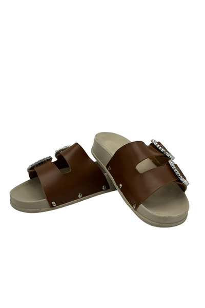 Esilax Thick Sole Slippers Tan Suede Stone Double Buckle Women's Thick Sole Slippers