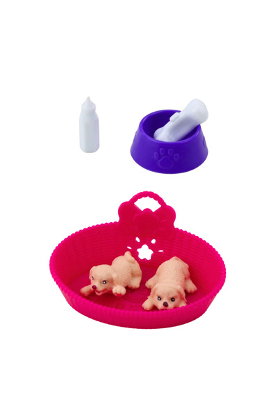 Bebelul Mini-doll set with two puppies, bed, bowl, bottle
