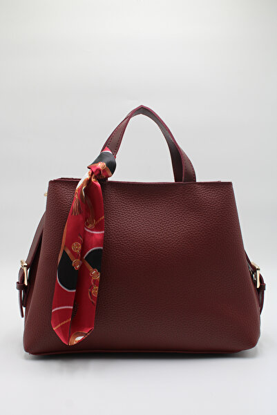 LASSO -Women's Burgundy Large Size Double Handle Scarf Detailed Hand, Arm and Shoulder Bag