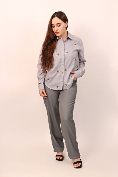 LINELLE Ladies Co-Ord Set – Soft Crepe Grey and White Stripe Shirt with Embroidery Detailing, Solid Pant