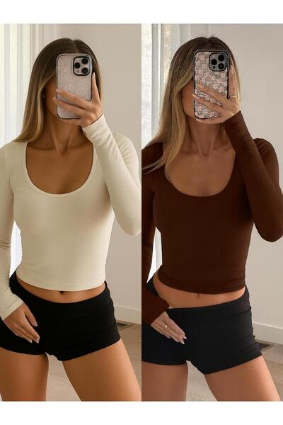 ÖZ PAMUK Square Neck 2-Pack Basic Plain Fabric Long Sleeve Lycra Blouse