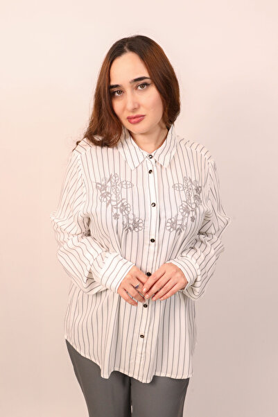 LINELLE Ladies Co-Ord Set – Soft Crepe Grey and White Stripe Shirt with Floral Embroidery and Solid Pant