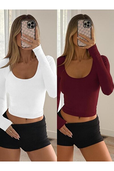 ÖZ PAMUK Square Neck 2-Pack Basic Plain Fabric Long Sleeve Lycra Blouse
